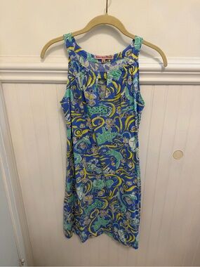 Sleeveless Blue & Teal Print Midi Dress with Keyhole by Barbara Gerwit